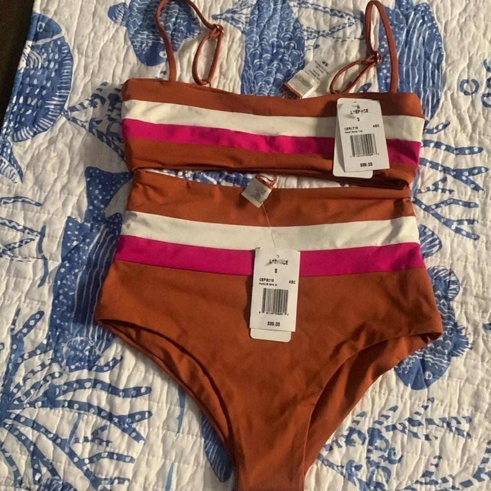 NWT L*SPACE  Rebel stripe top And bottom set amber / bougainvillea /cream small